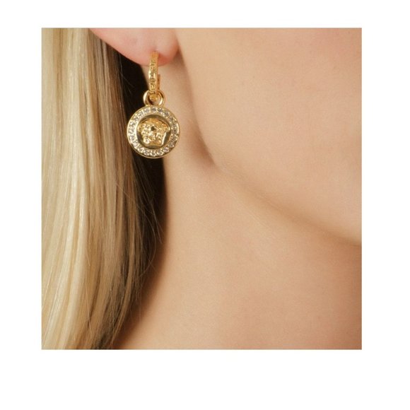VERSACE Gold tone Greca Medusa Drop Earrings with Crystals - Picture 2 of 15
